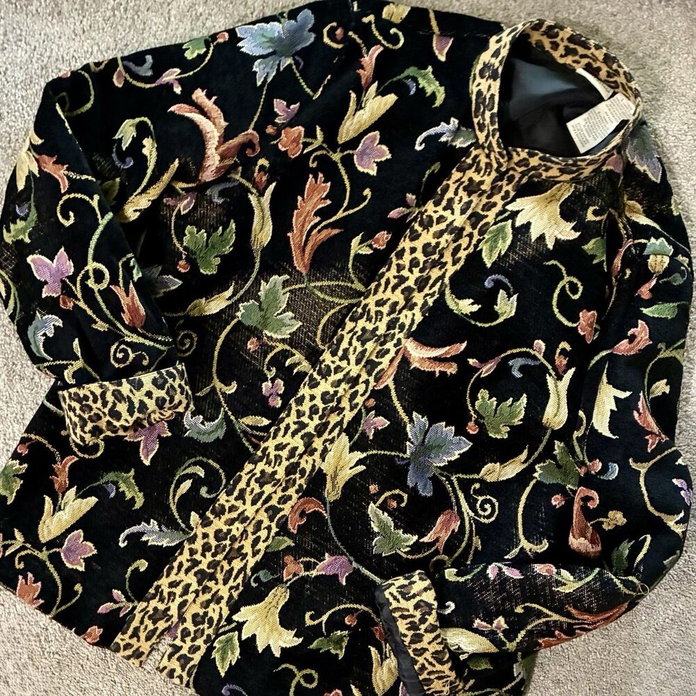 Vintage 90s White Stag Black Floral Tapestry Jacket Leopard Trim Whimsigoth L